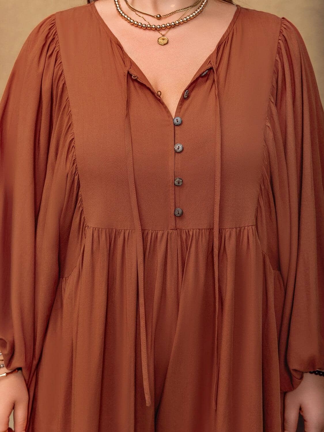Plus Size Ruched Tie Neck Balloon Sleeve Romper Trendsi