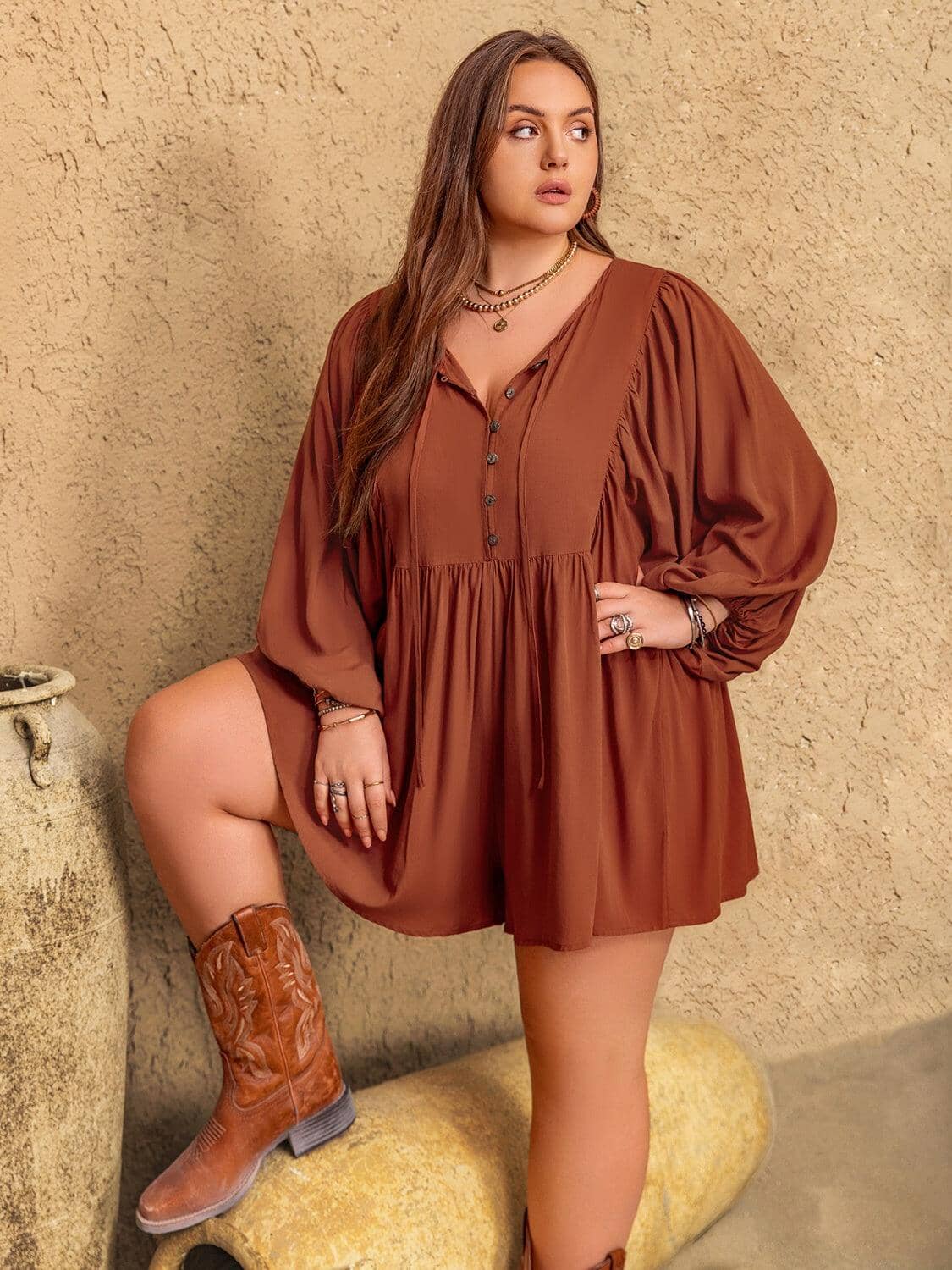 Plus Size Ruched Tie Neck Balloon Sleeve Romper Trendsi