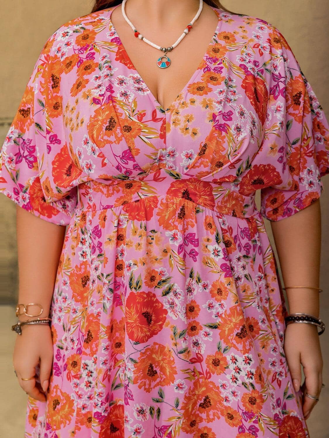 Plus Size Slit Floral V-Neck Half Sleeve Maxi Dress Trendsi