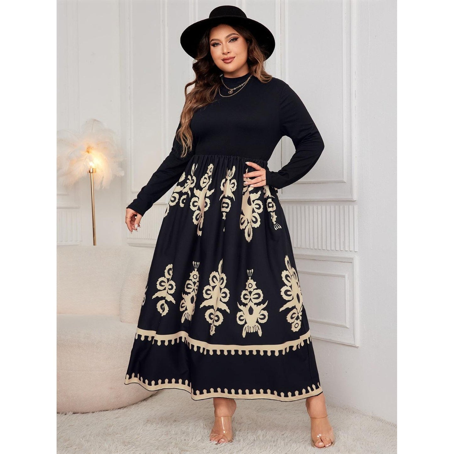 Honey Plus Size Printed Mock Neck Long Sleeve Dress - My Store