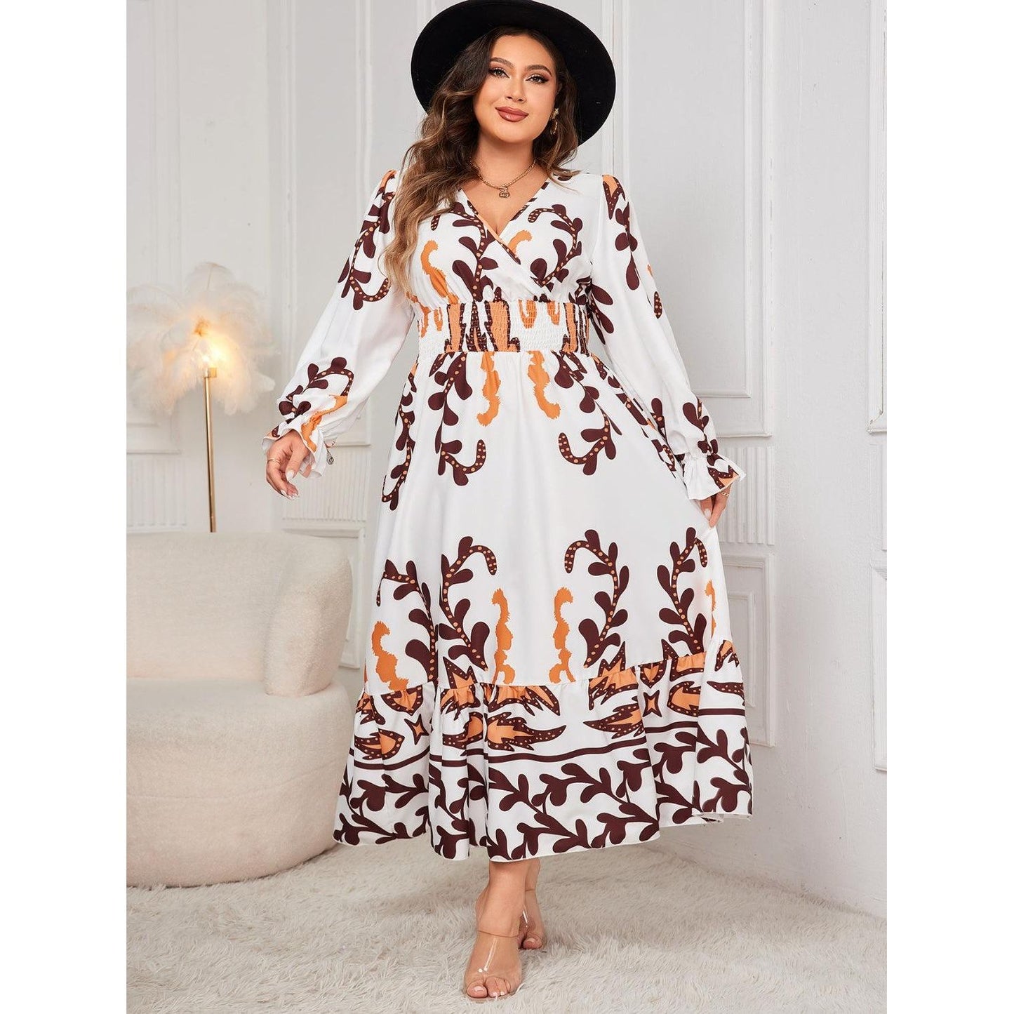 Honey Plus Size Printed Surplice Flounce Sleeve Dress - My Store