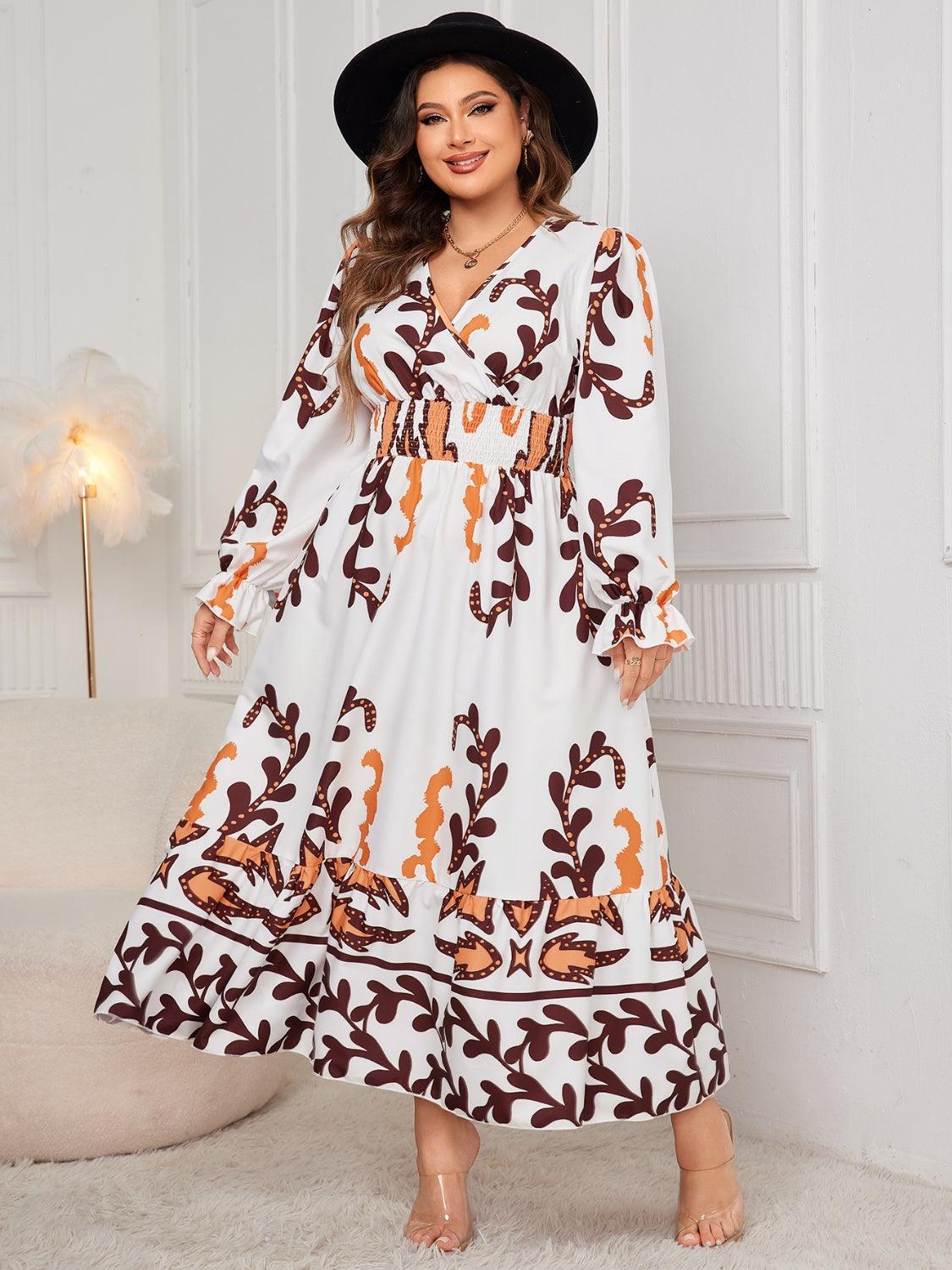 Honey Plus Size Printed Surplice Flounce Sleeve Dress - My Store