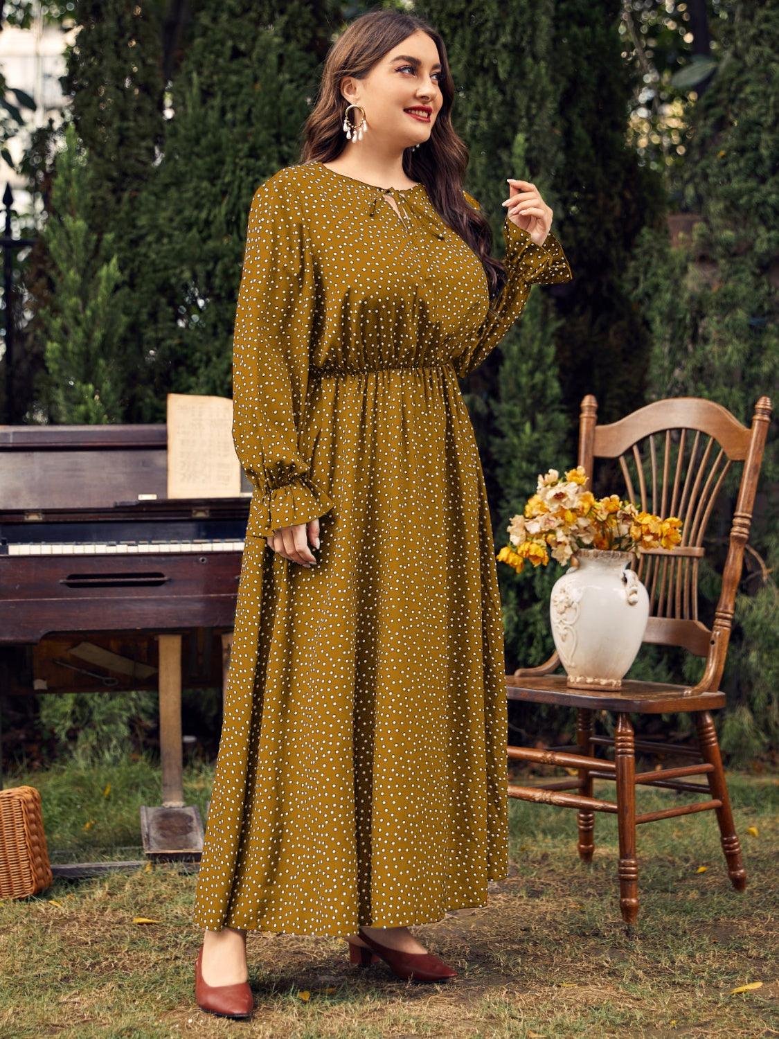 Honey Plus Size Ruffled Polka Dot Long Sleeve Midi Dress - My Store