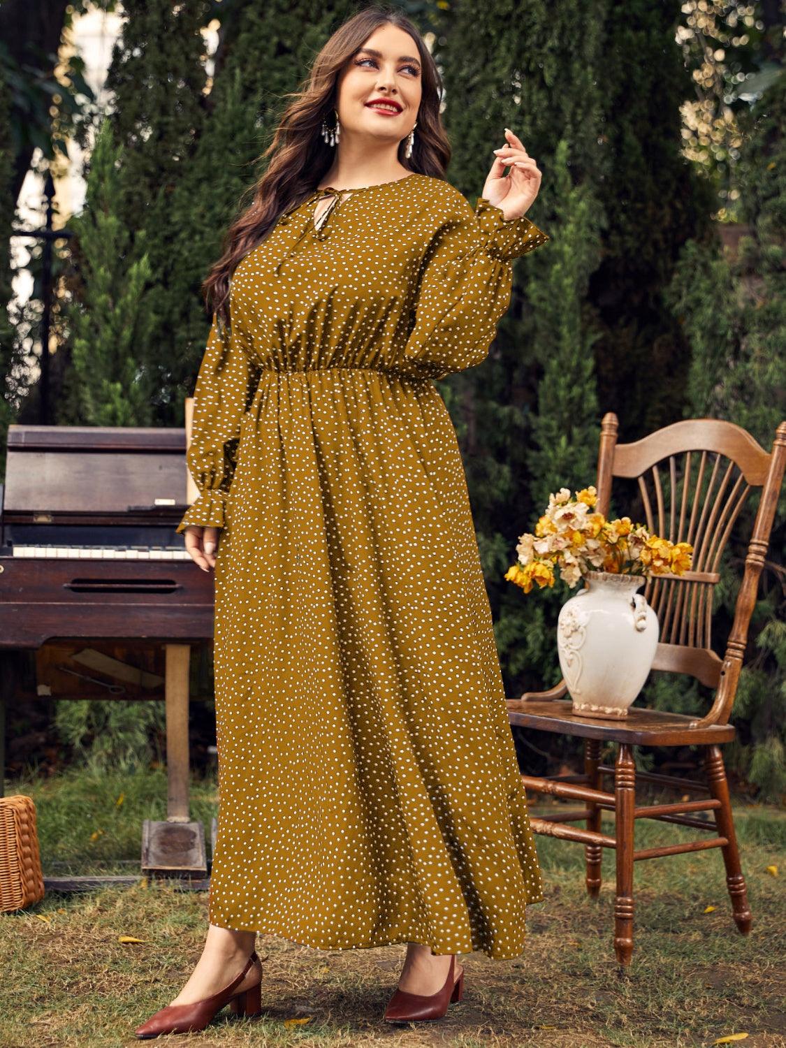 Honey Plus Size Ruffled Polka Dot Long Sleeve Midi Dress - My Store