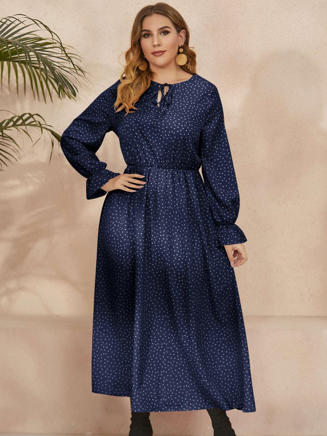 Honey Plus Size Ruffled Polka Dot Long Sleeve Midi Dress - My Store