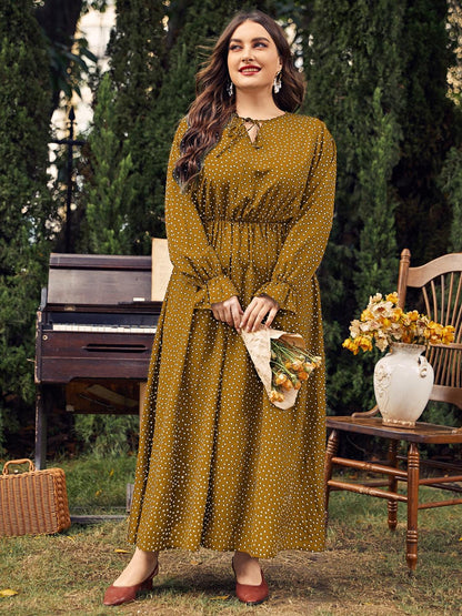 Honey Plus Size Ruffled Polka Dot Long Sleeve Midi Dress - My Store