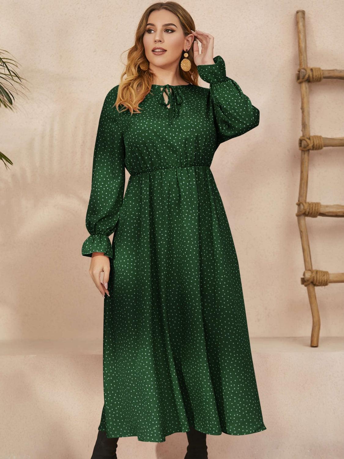 Honey Plus Size Ruffled Polka Dot Long Sleeve Midi Dress - My Store