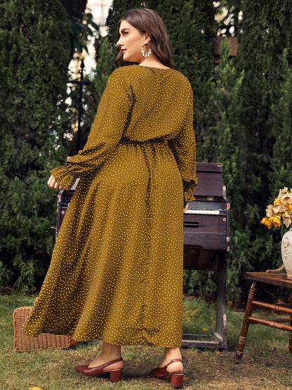 Honey Plus Size Ruffled Polka Dot Long Sleeve Midi Dress - My Store