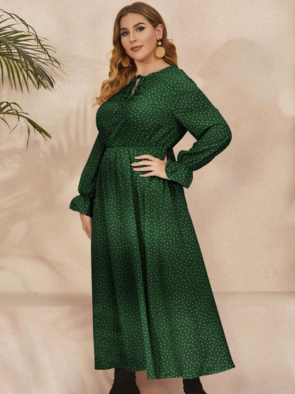 Honey Plus Size Ruffled Polka Dot Long Sleeve Midi Dress - My Store