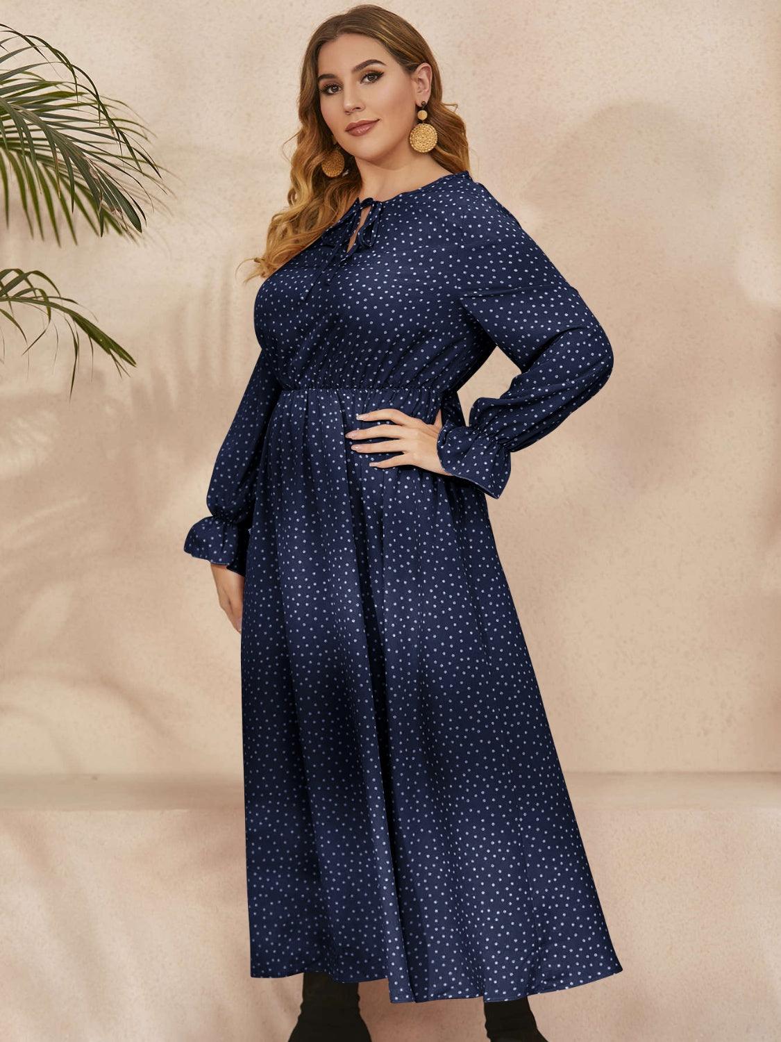 Honey Plus Size Ruffled Polka Dot Long Sleeve Midi Dress - My Store