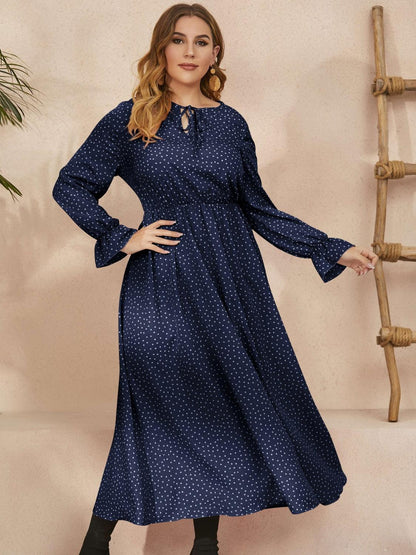 Honey Plus Size Ruffled Polka Dot Long Sleeve Midi Dress - My Store