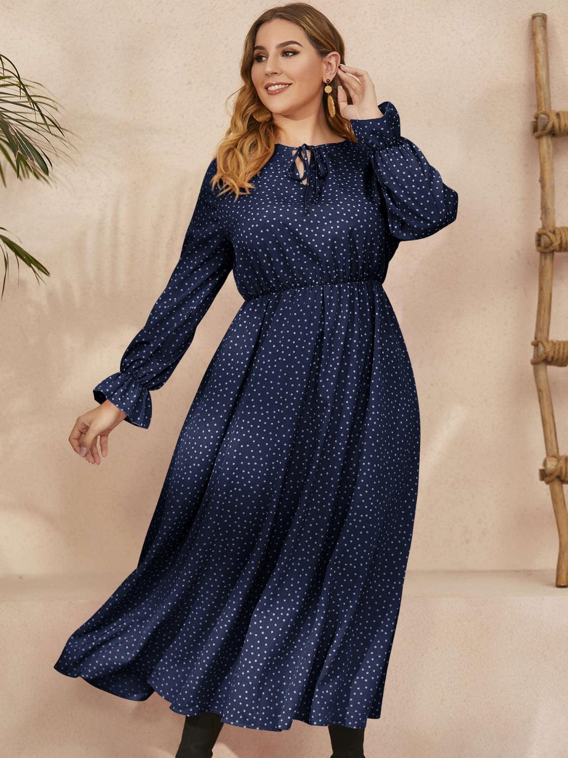 Honey Plus Size Ruffled Polka Dot Long Sleeve Midi Dress - My Store