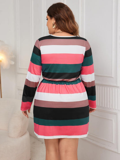 Honey Plus Size Striped V - Neck Long Sleeve Mini Dress - My Store