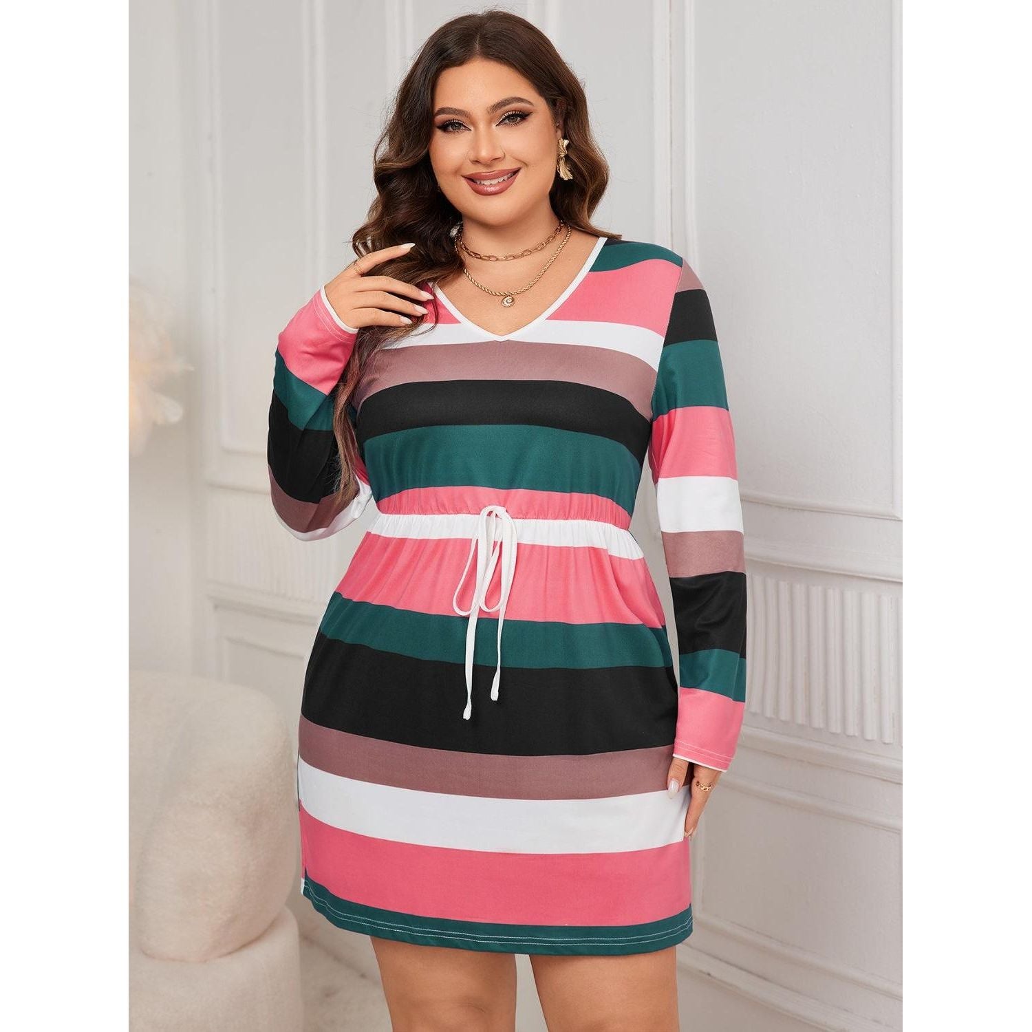 Honey Plus Size Striped V - Neck Long Sleeve Mini Dress - My Store