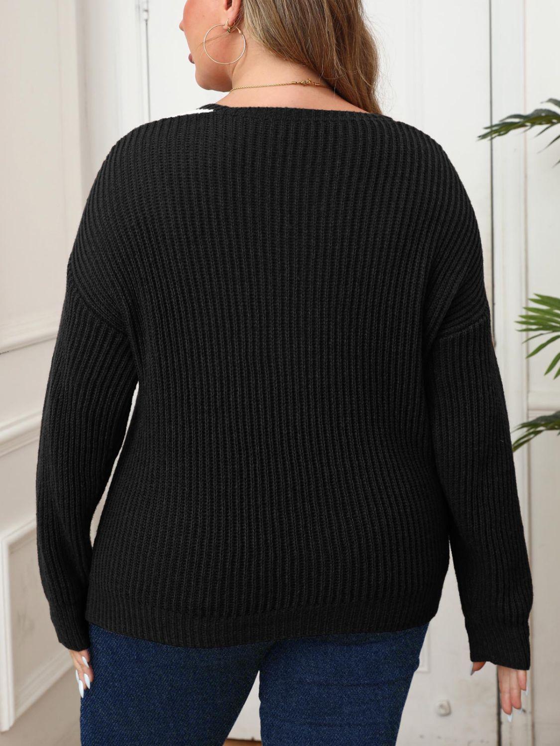 Plus Size Contrast Dropped Shoulder Long Sleeve Sweater - My Store