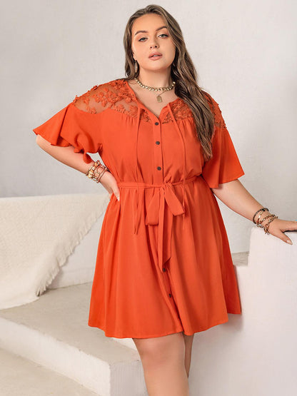 Plus Size Lace Button Up Half Sleeve Dress - My Store