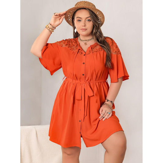 Plus Size Lace Button Up Half Sleeve Dress - My Store