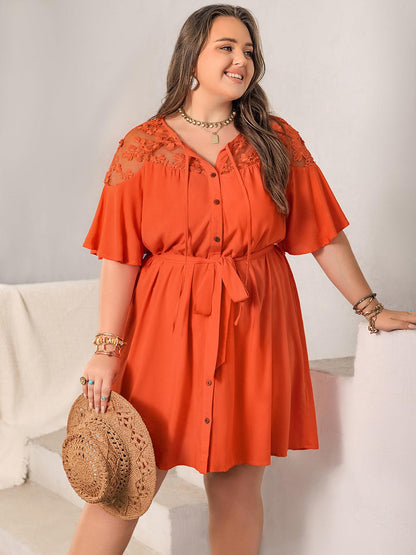 Plus Size Lace Button Up Half Sleeve Dress - My Store