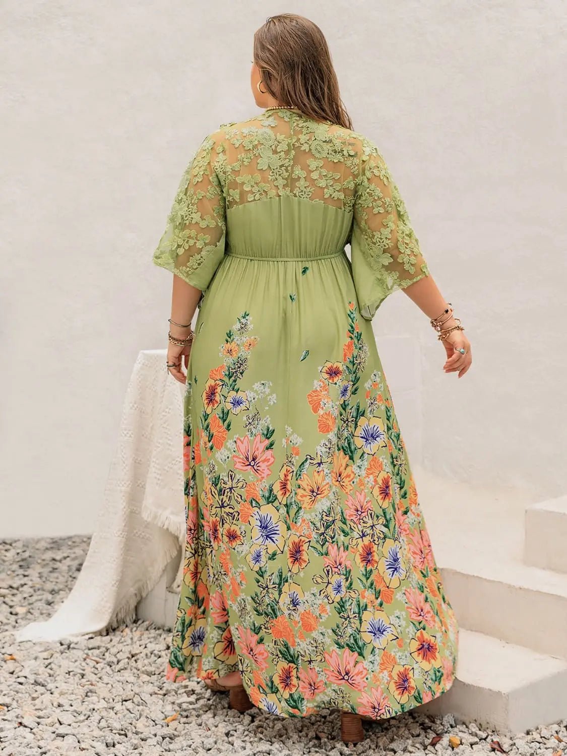 Plus Size Lace Detail Floral Half Sleeve Dress - My Store