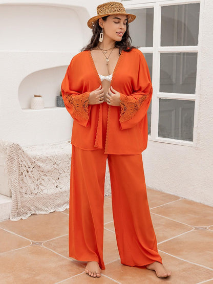 Plus Size Lace Detail Long Sleeve Top and Pants Set - My Store