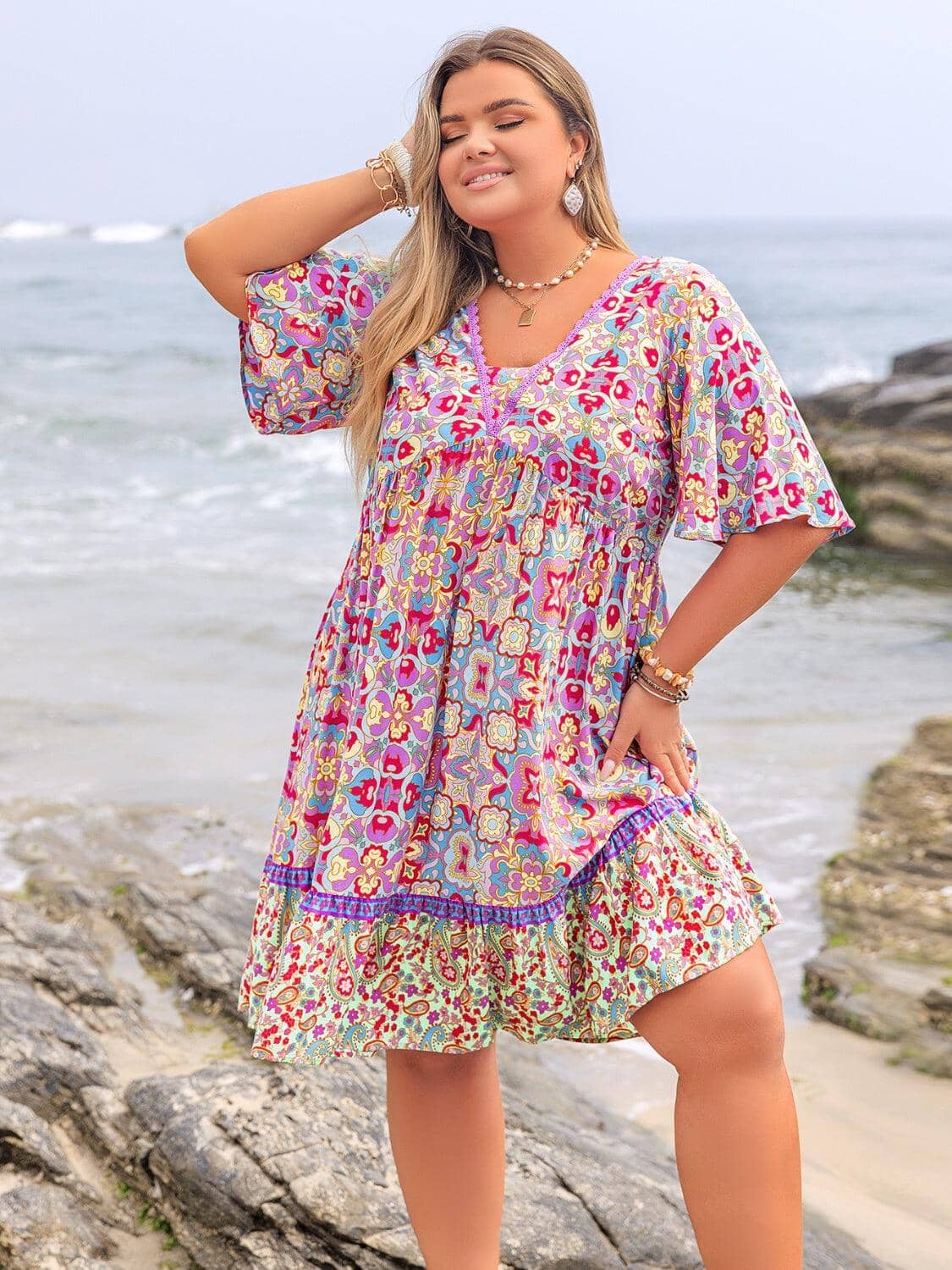 Plus Size Lace Detail Printed Half Sleeve Dress Trendsi 