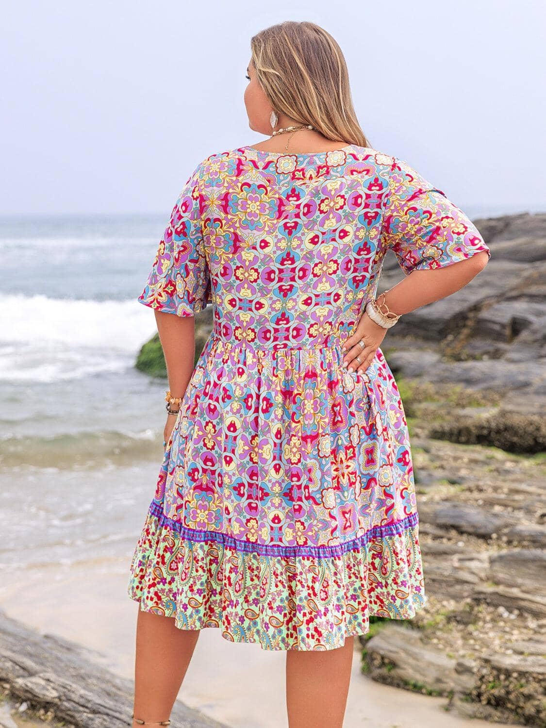 Plus Size Lace Detail Printed Half Sleeve Dress Trendsi 