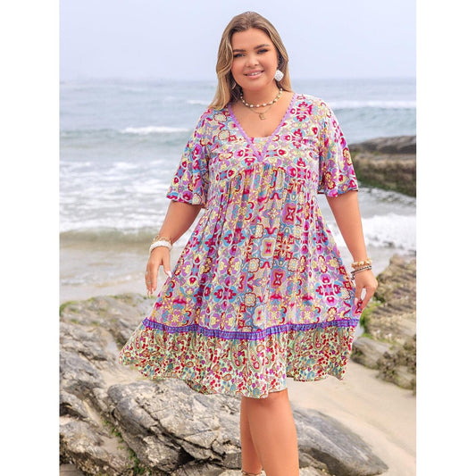 Plus Size Lace Detail Printed Half Sleeve Dress Trendsi Heliotrope Purple 0XL 