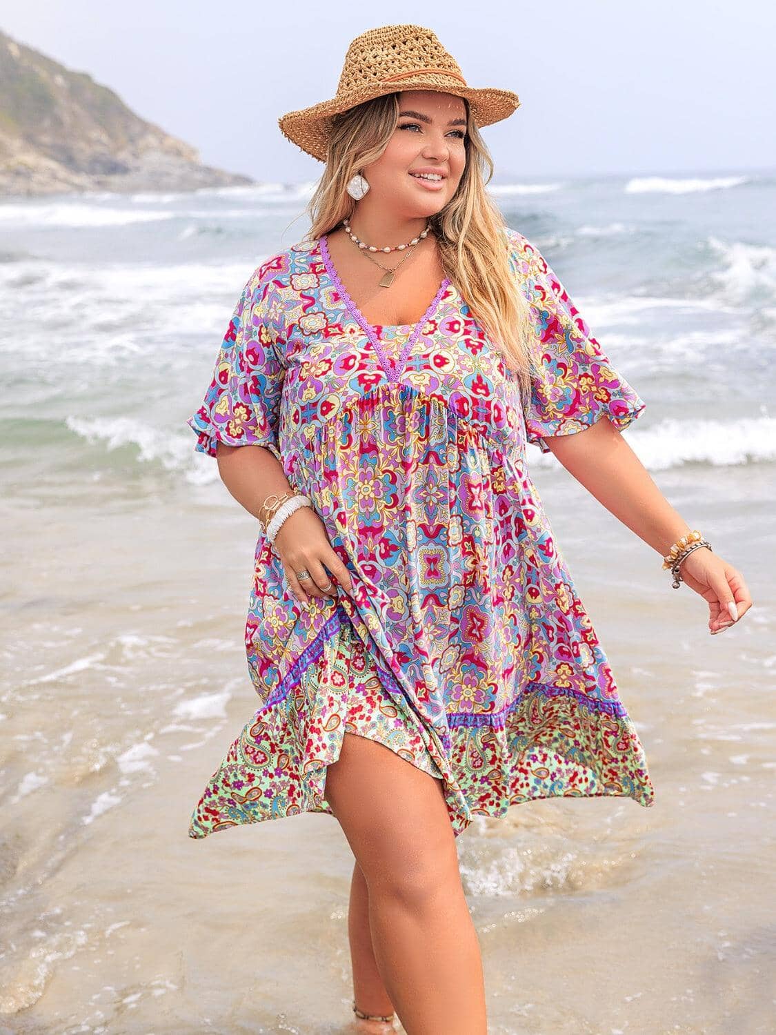 Plus Size Lace Detail Printed Half Sleeve Dress Trendsi 