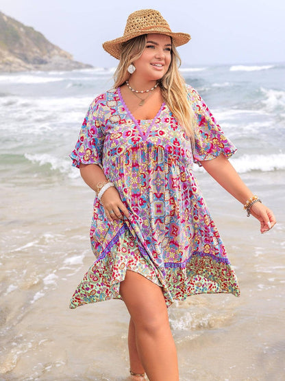 Plus Size Lace Detail Printed Half Sleeve Dress Trendsi 