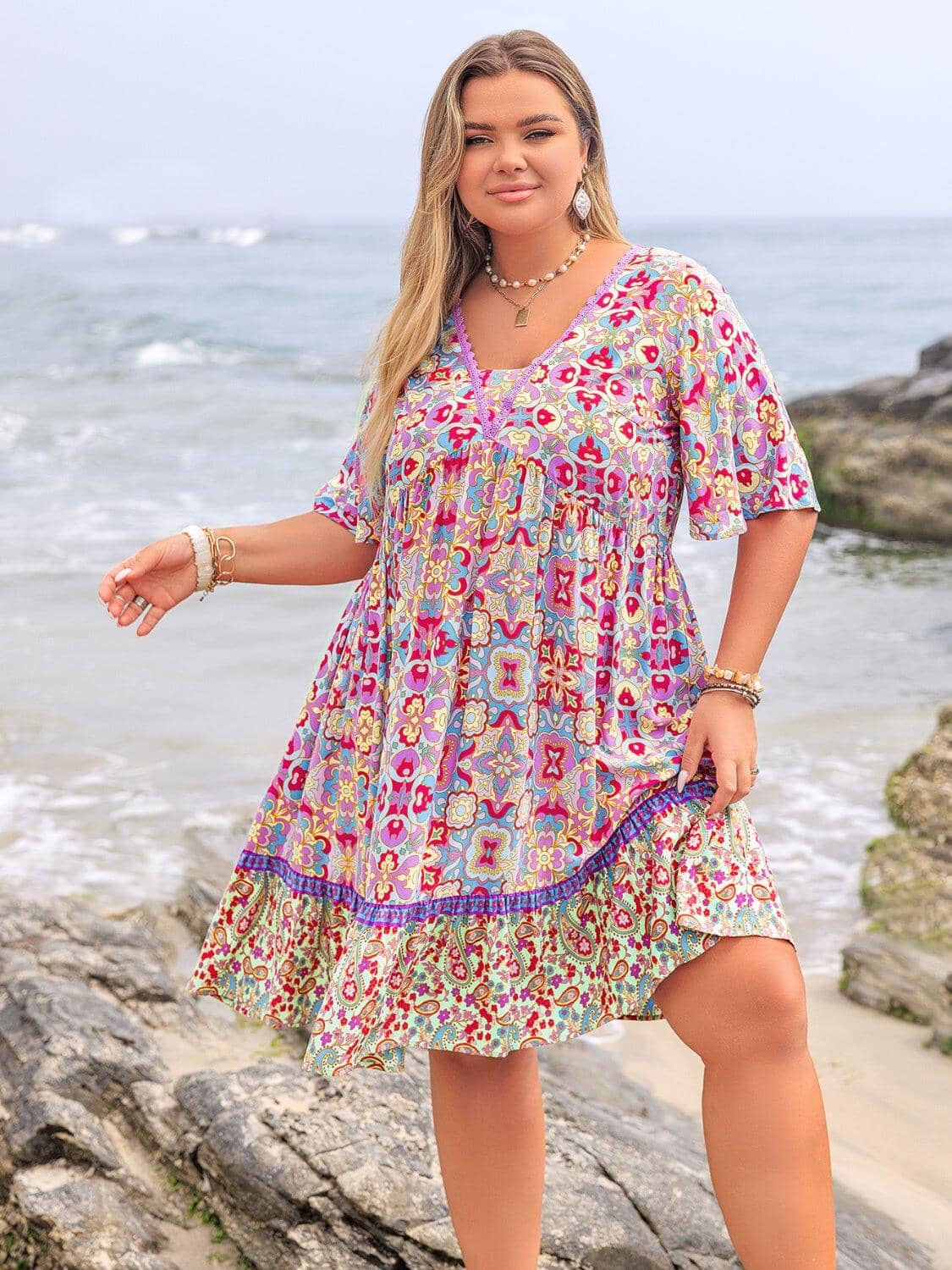 Plus Size Lace Detail Printed Half Sleeve Dress Trendsi 