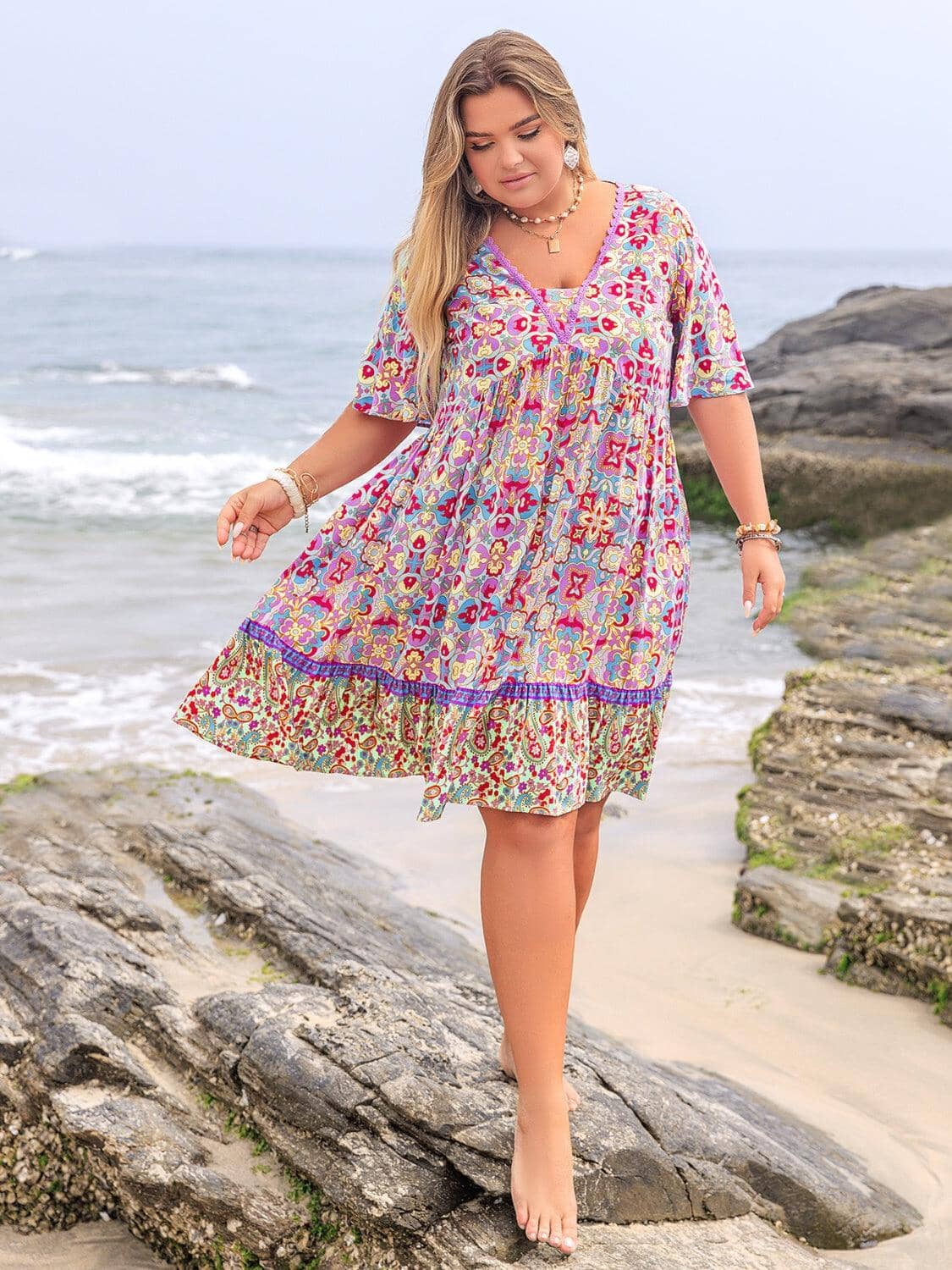 Plus Size Lace Detail Printed Half Sleeve Dress Trendsi 