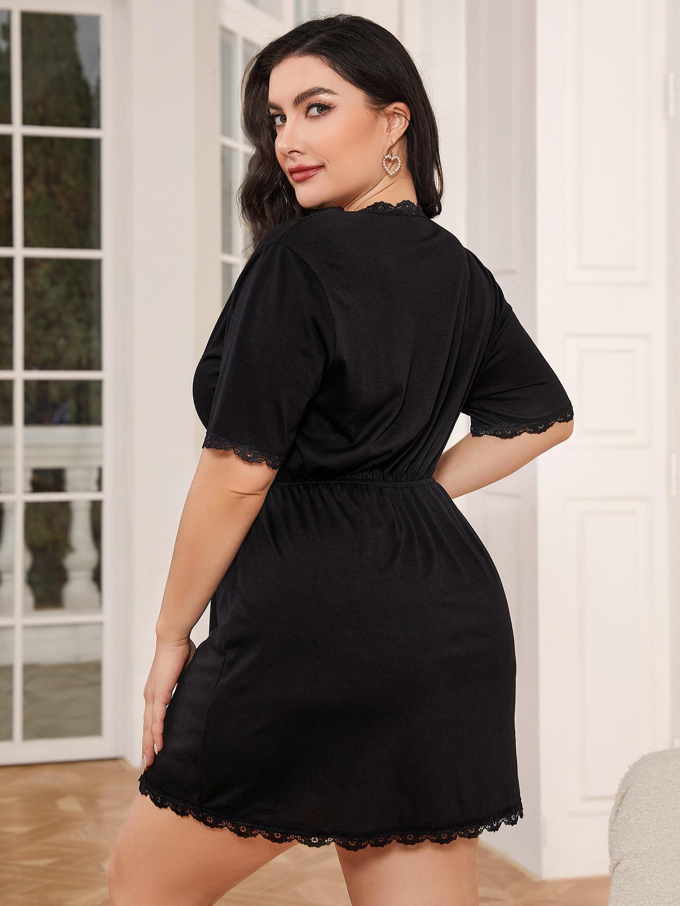 Plus Size Lace Trim Deep V Night Dress - My Store