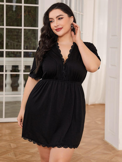 Plus Size Lace Trim Deep V Night Dress - My Store