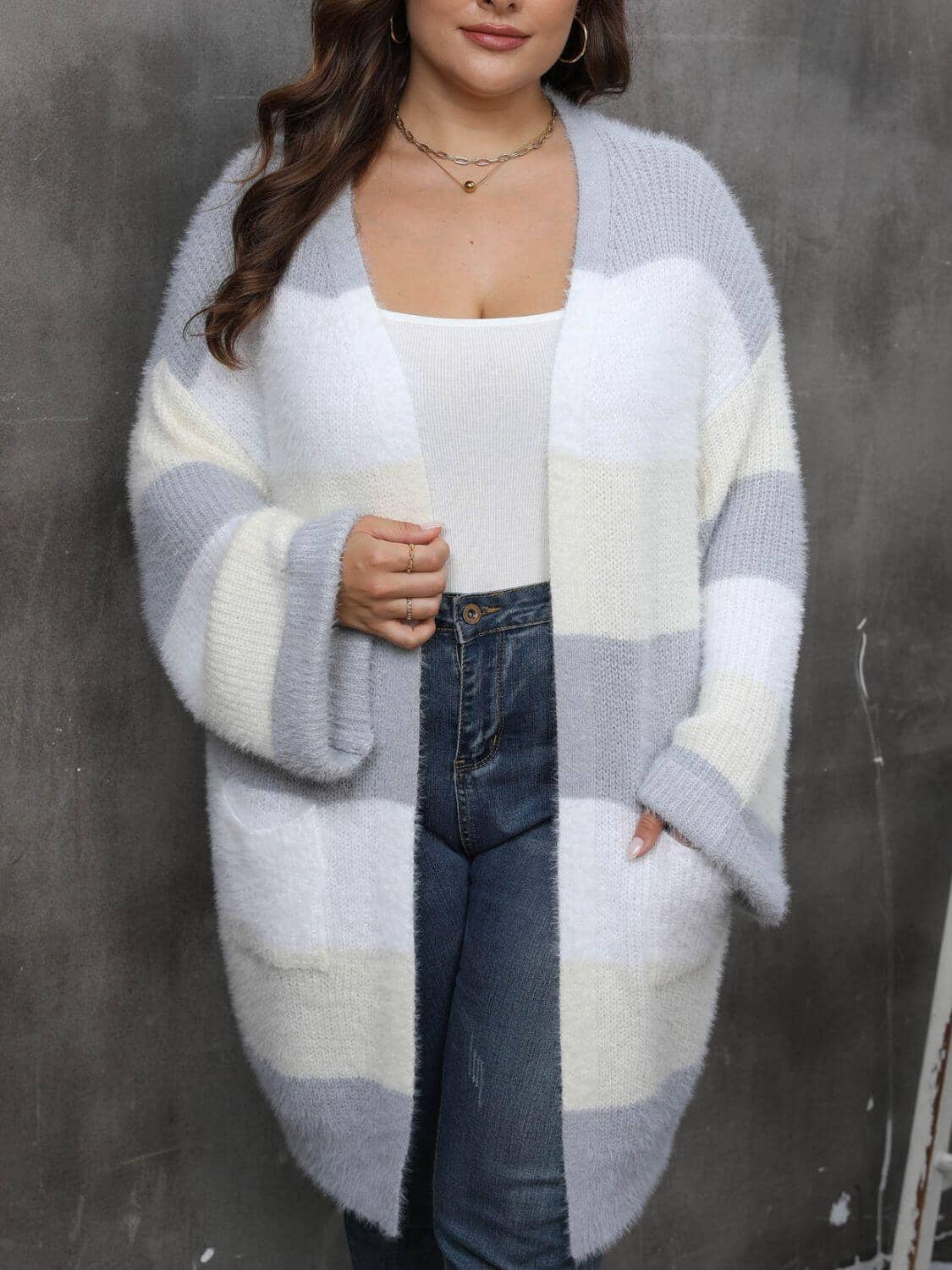 Plus Size Open Front Long Sleeve Cardigan Trendsi Pastel Yellow 0XL 