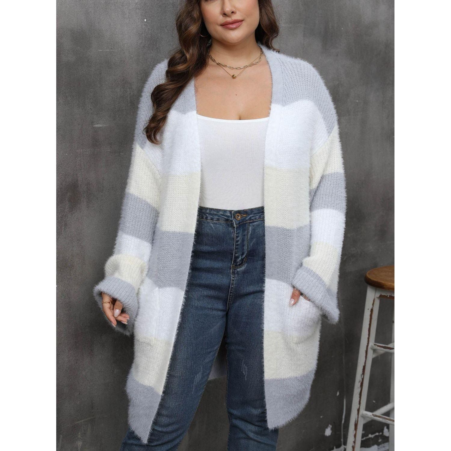 Plus Size Open Front Long Sleeve Cardigan - My Store