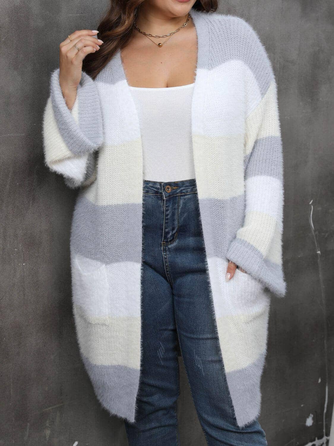 Plus Size Open Front Long Sleeve Cardigan Trendsi 