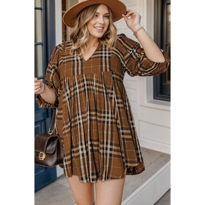 Plus Size Plaid V - Neck Balloon Sleeve Mini Dress - My Store