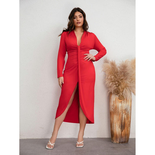 Plus Size Plunge Ruched Slit Dress - My Store