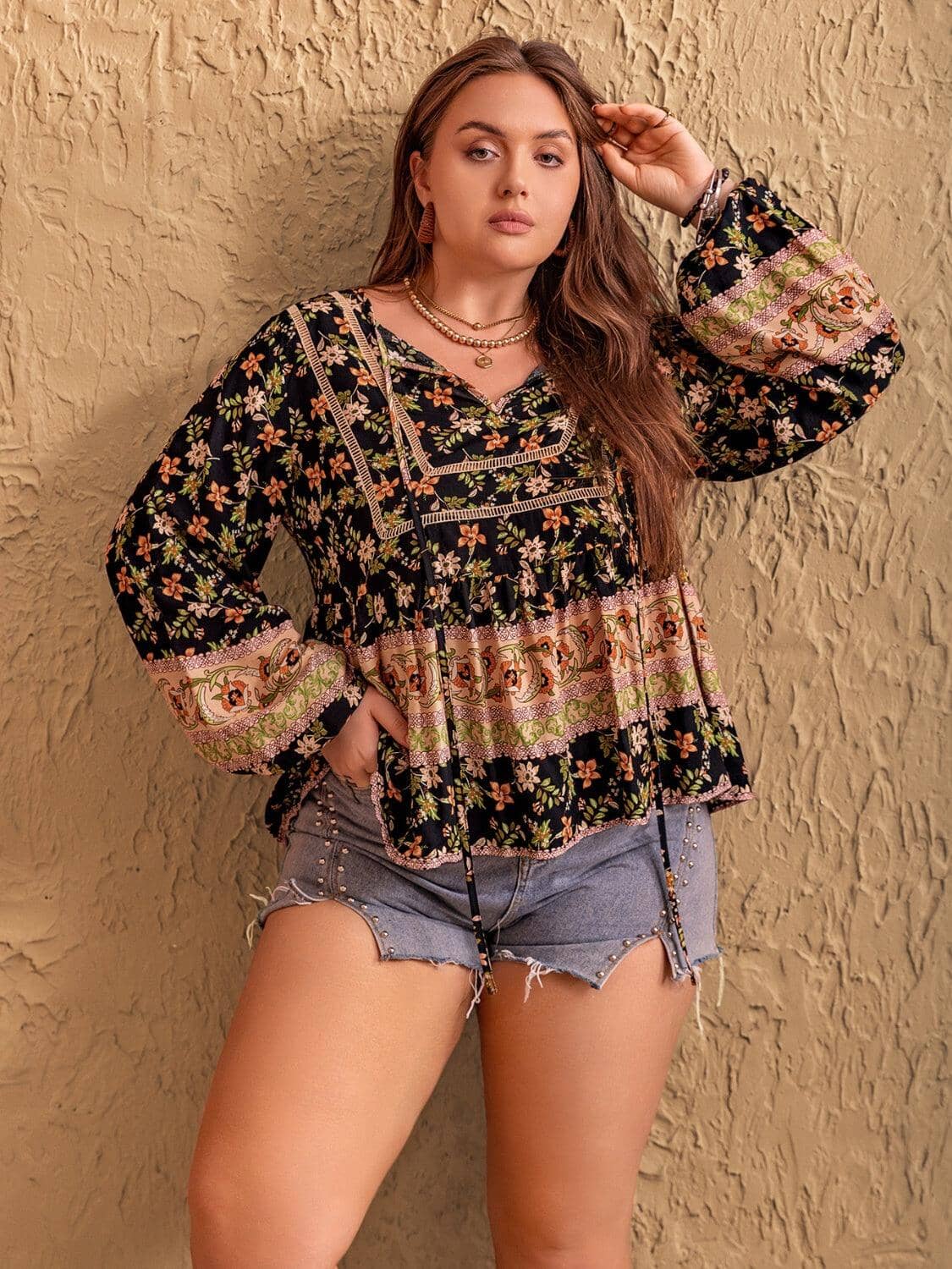 Plus Size Printed Tie Neck Balloon Sleeve Blouse Trendsi 