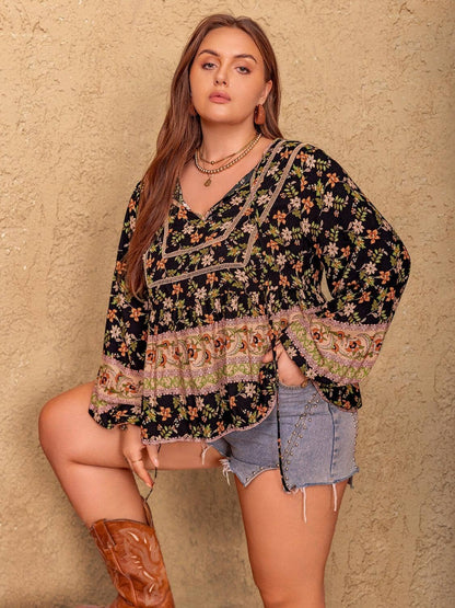 Plus Size Printed Tie Neck Balloon Sleeve Blouse Trendsi 