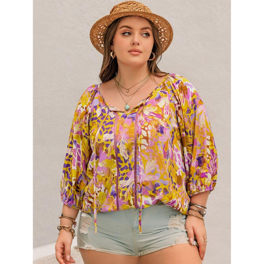 Plus Size Printed Tie Neck Blouse - My Store