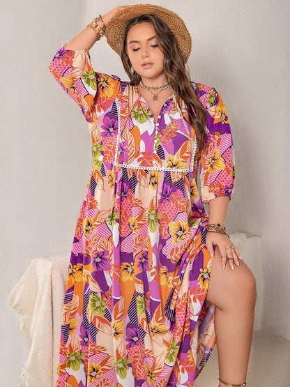 Plus Size Printed Tie Neck Maxi Dress - My Store