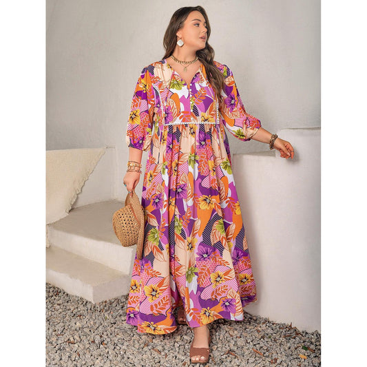 Plus Size Printed Tie Neck Maxi Dress - My Store