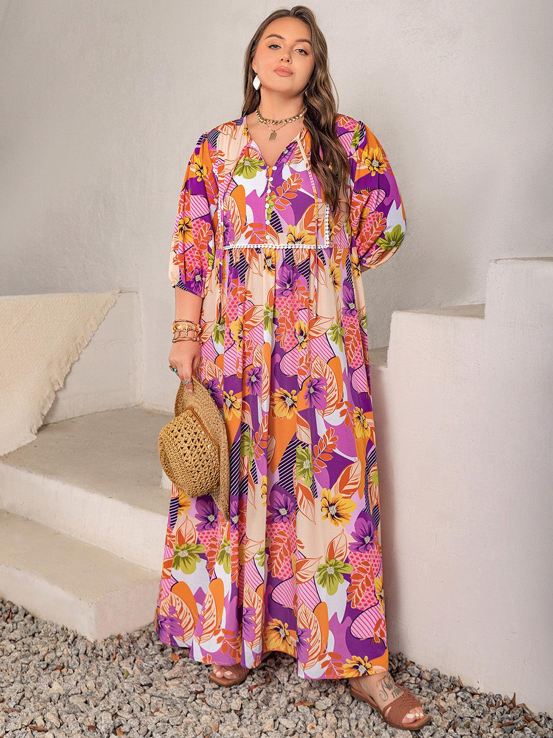 Plus Size Printed Tie Neck Maxi Dress - My Store