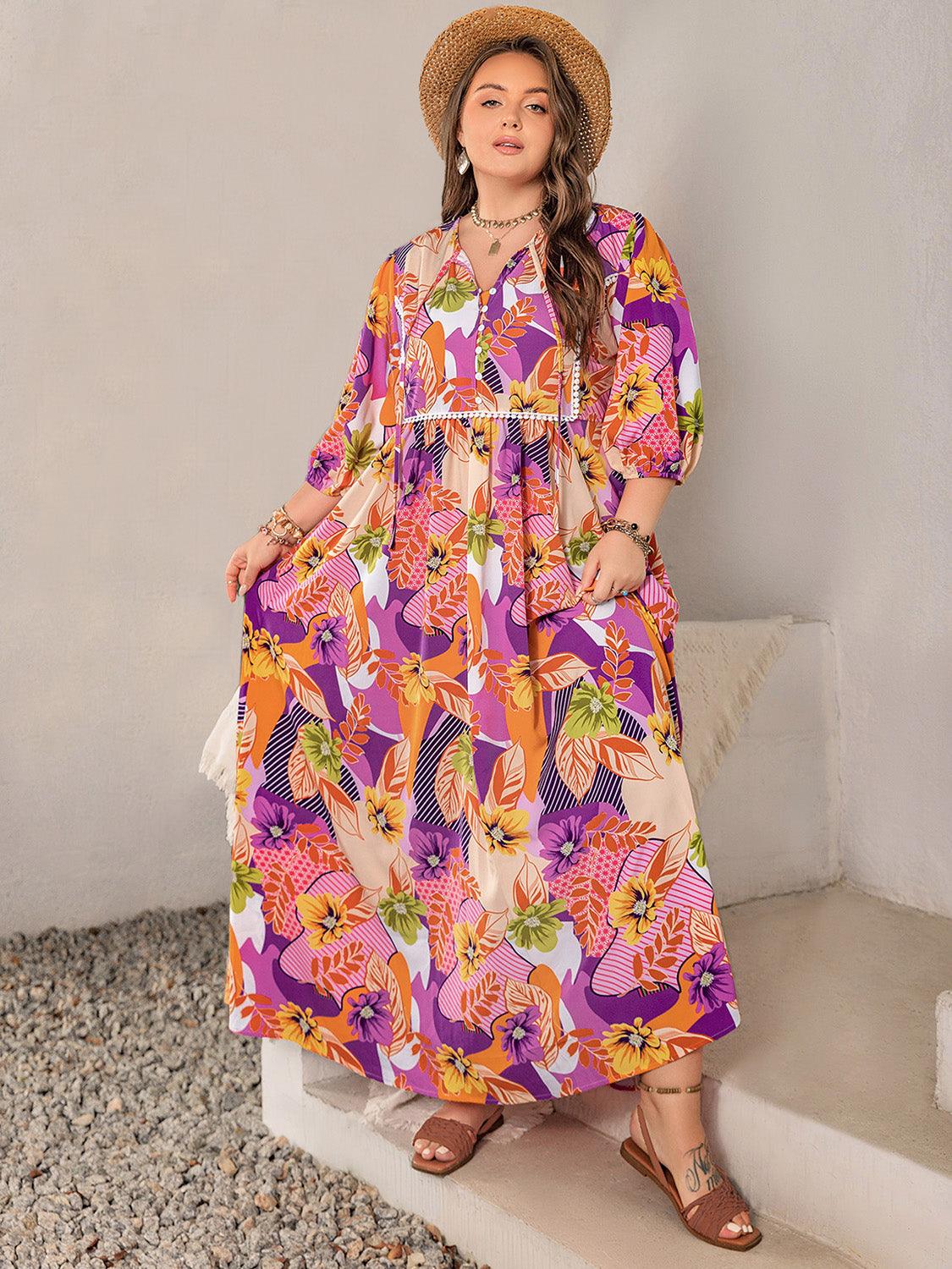 Plus Size Printed Tie Neck Maxi Dress - My Store