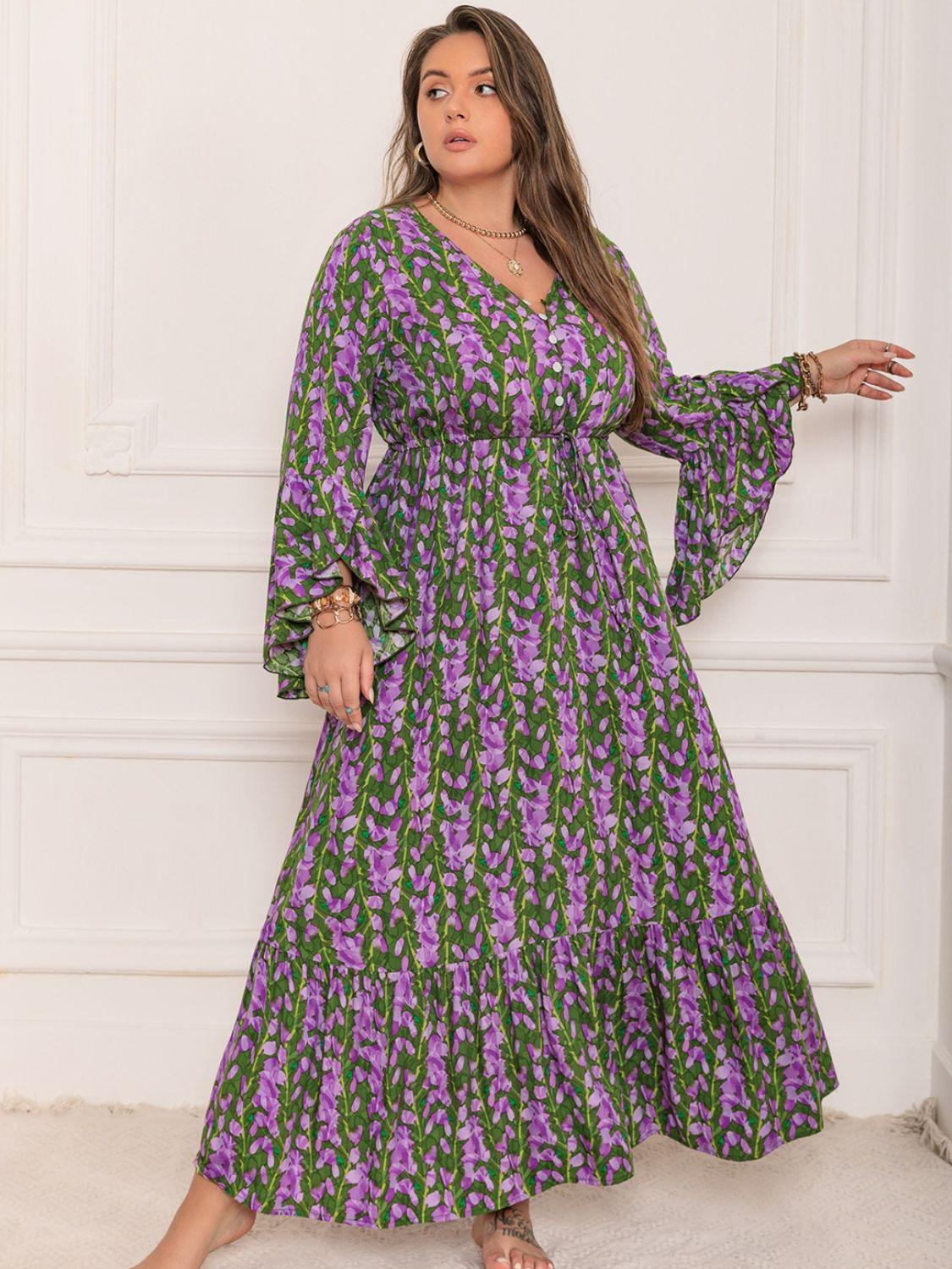 Plus Size Printed V - Neck Long Sleeve Maxi Dress - My Store