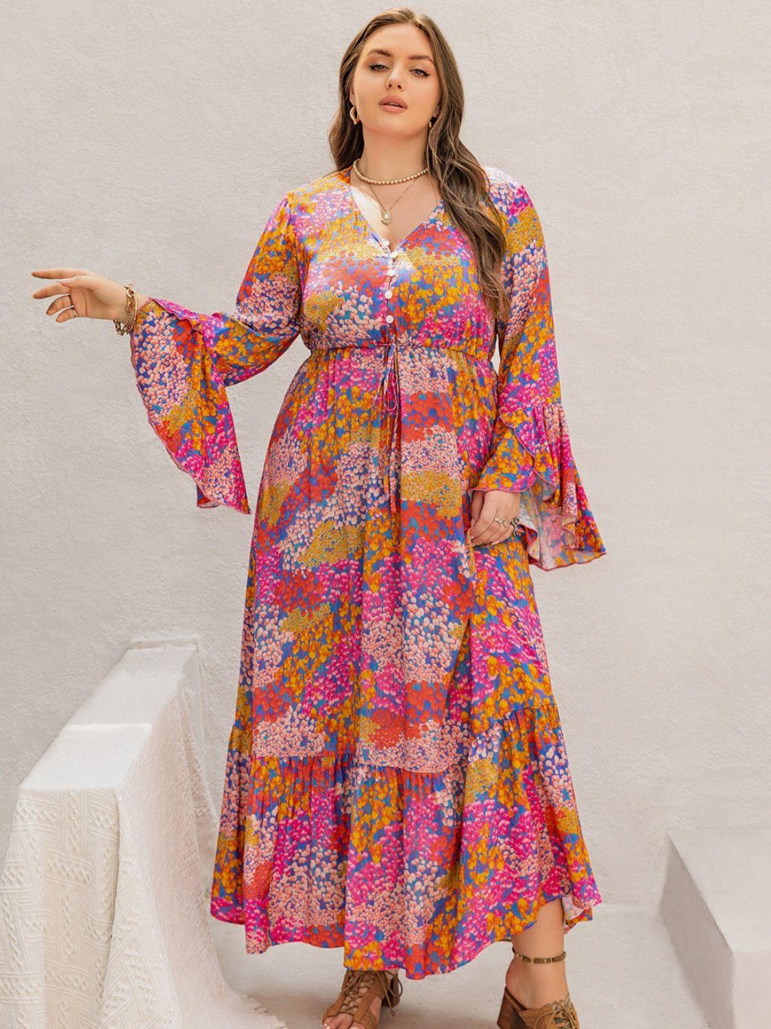 Plus Size Printed V - Neck Long Sleeve Maxi Dress - My Store