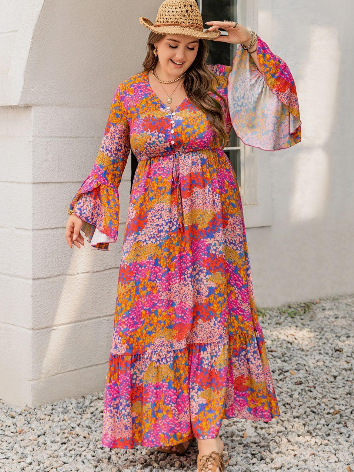 Plus Size Printed V - Neck Long Sleeve Maxi Dress - My Store