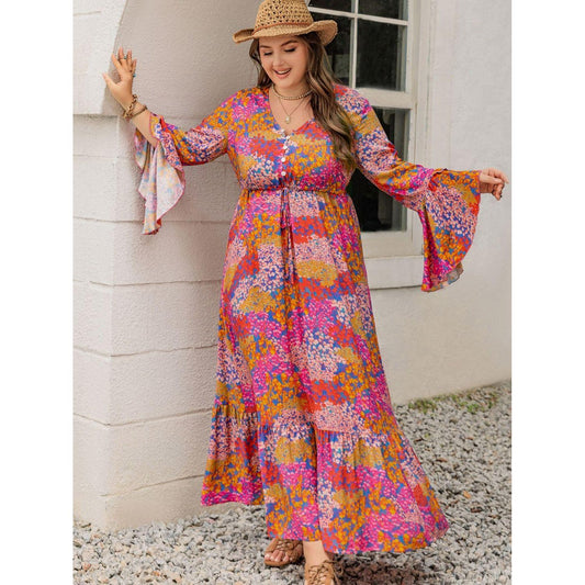 Plus Size Printed V - Neck Long Sleeve Maxi Dress - My Store