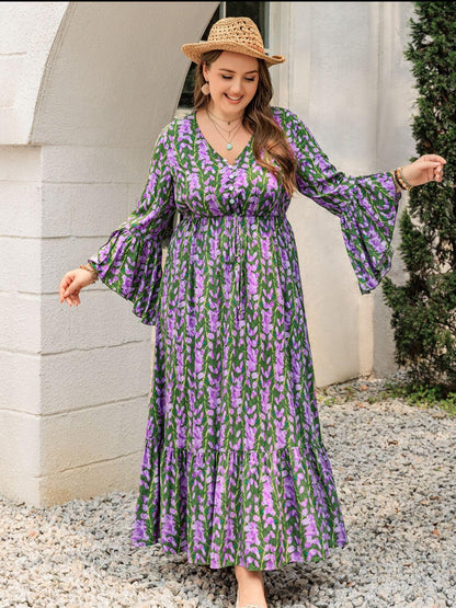 Plus Size Printed V - Neck Long Sleeve Maxi Dress - My Store